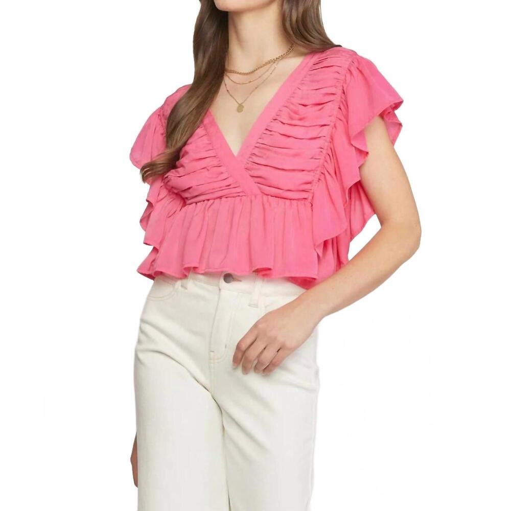 NEW ENTRO solid v-neck butterfly sleeve top in pink - Picture 1 of 8